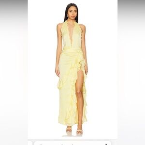 NWT NBD Celenia Maxi Dress Pale Yellow halter floral with bodysuit slit revolve